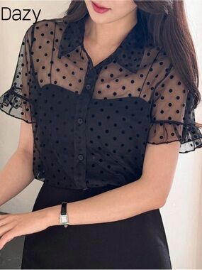 Sheer Polka Dot Button-Front Black Top